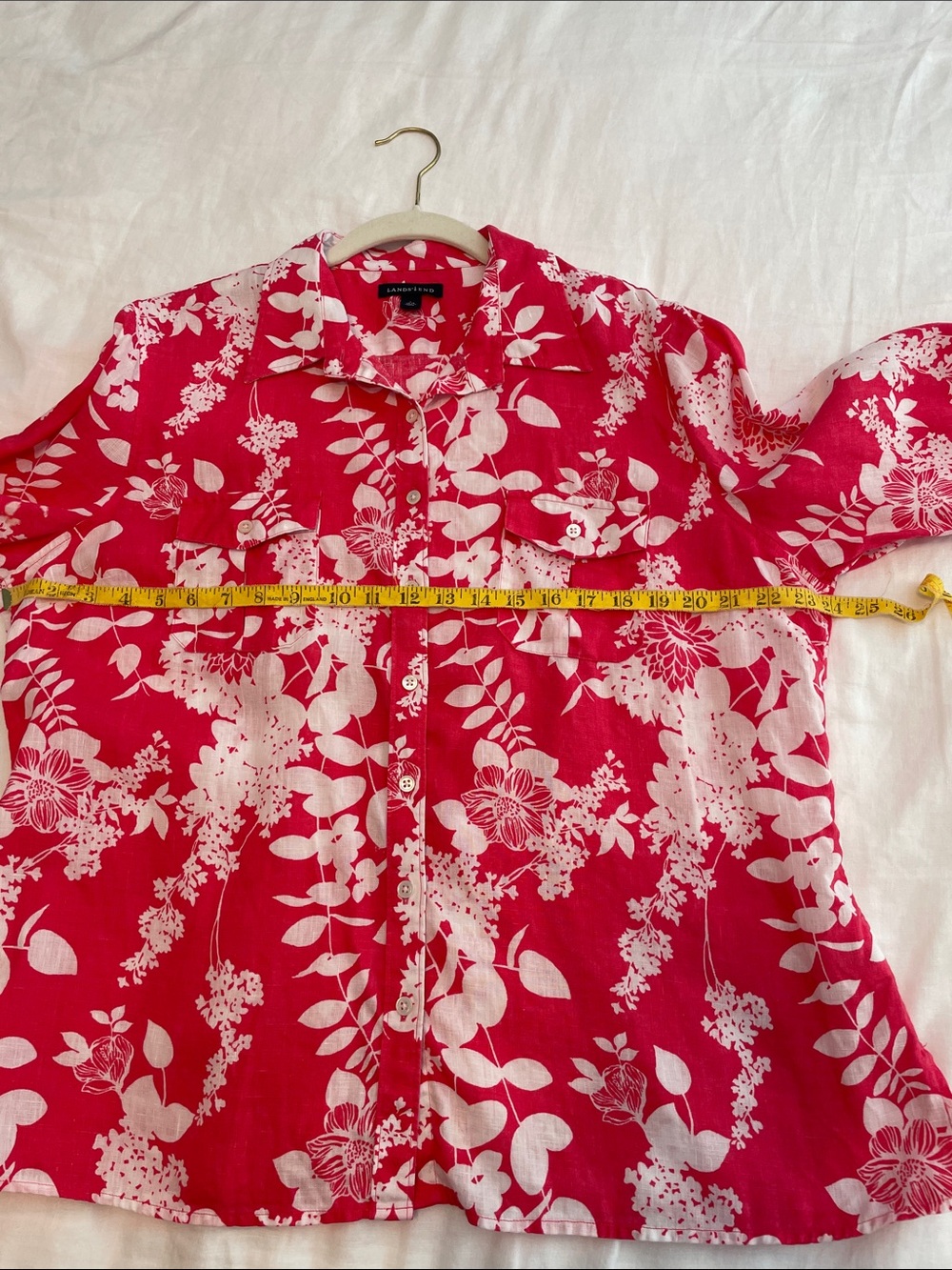 Lands' End Pink Floral Button-Up Shirt with White Print - Picture 3 of 10